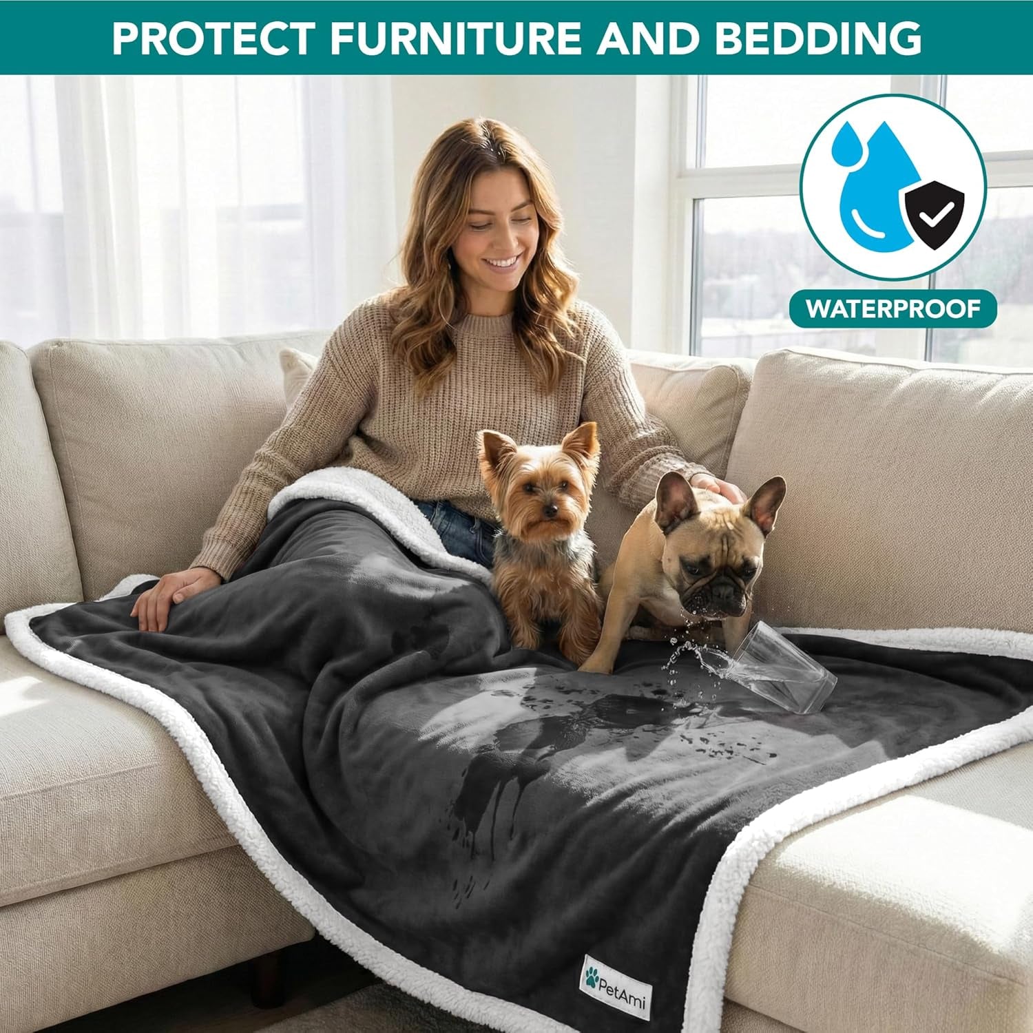 Waterproof Dog Blanket for Small Medium Dog, Pet Puppy Blanket Couch Cover Protection, Sherpa Fleece Cat Blanket Washable Throw Couch Sofa Bed Furniture Protector Reversible Soft 29X40 Charcoal